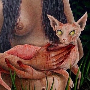 May include: A painting of a woman with long black hair holding a hairless cat. The woman has green eyes and is wearing a dark green dress. The cat has yellow eyes and is looking at the viewer. The painting is set against a dark green background.