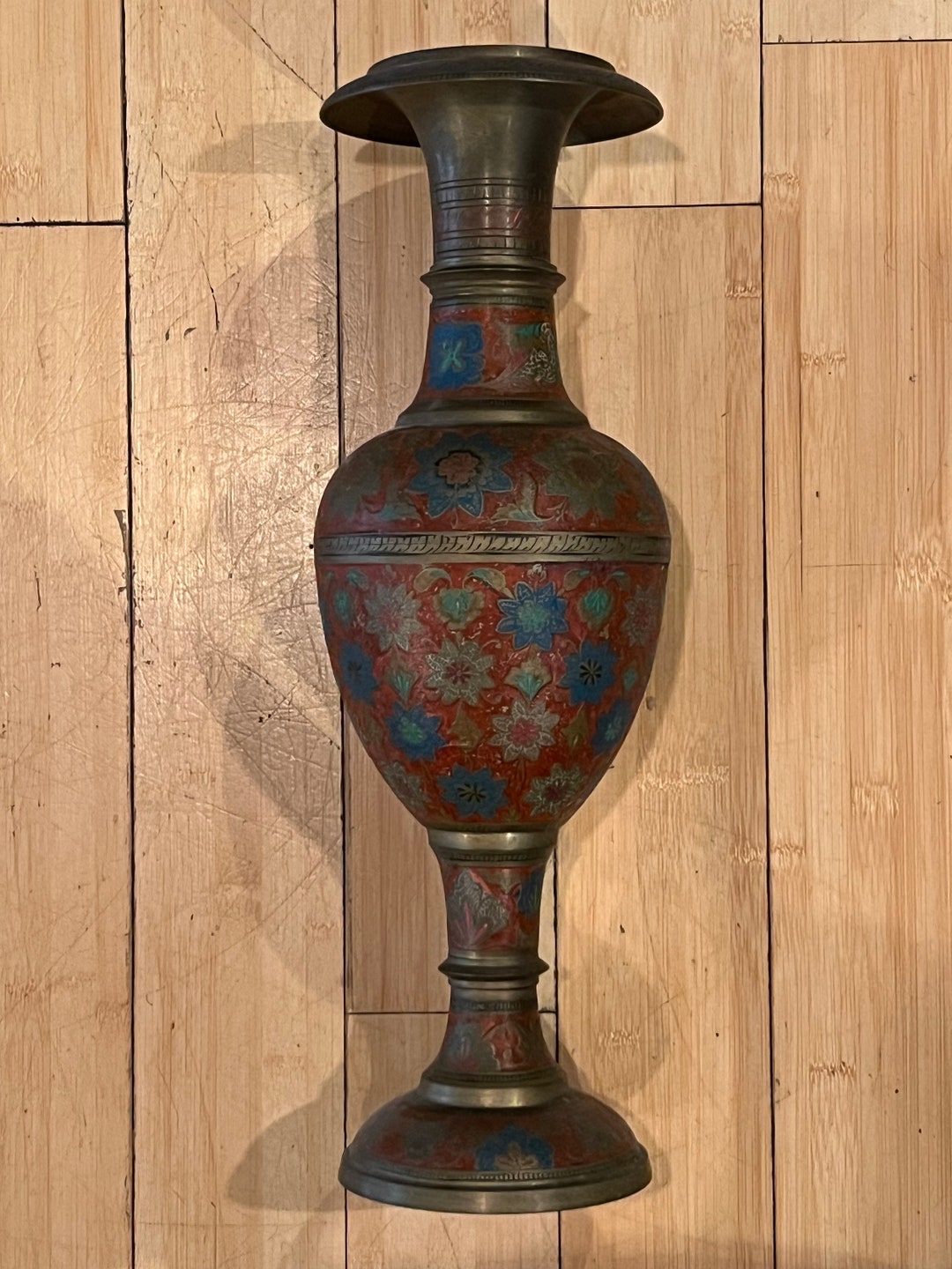 Vintage Large Etched & Painted Brass Vase Etsy