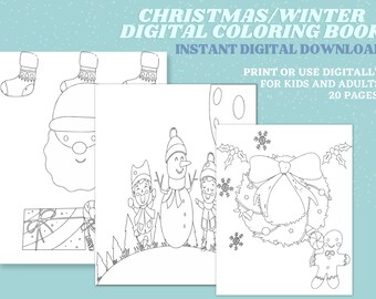 Digital Coloring Book Winter/Christmas Themed 20 Unique Printable Pages, Digital Download, Coloring Pages for Kids, Adults, PDF, IPAD