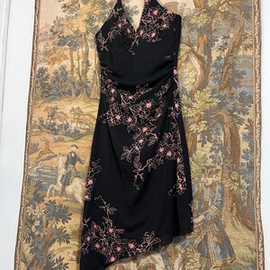 Y2K Charlotte Russe Asymmetrical Halter Dress in Black/pink Floral