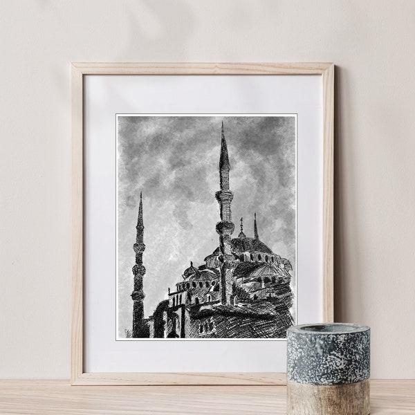 Istanbul Mosque Sketch Black & White Printable Drawing Istanbul Turkiye Landmark Digital Print Instant Download