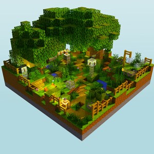 May include: A Minecraft-style miniature forest scene featuring two trees, a small stream, and a variety of plants and flowers. The scene is enclosed by a wooden fence.