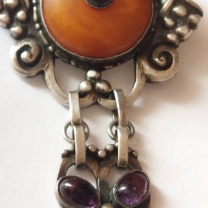 Danish Art Nouveau silver brooch with amber ant amethyst.  C.Holm 826 s.