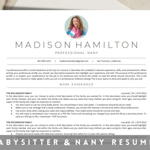 May include: A black and white resume template for a babysitter or nanny. The template includes a professional profile section, work experience section, and a babysitter & nanny resume title. The resume is designed to be printed and sent to potential employers.