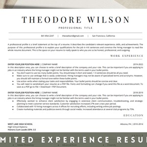 May include: A black and white resume template with the title "Limited Experience Resume" at the bottom. The resume includes a professional profile section, work experience section, and education section. The resume is designed to be used by individuals with limited work experience.