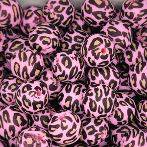 Contas de silicone de leopardo rosa, contas de silicone redondas de 15 mm, suprimentos para chaveiro, contas de silicone por atacado