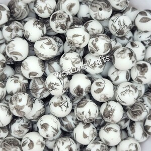 Black and White Floral Print Silicone Bead, DIY Craft Supplies, 15 Silicone Beads, Loose Beads