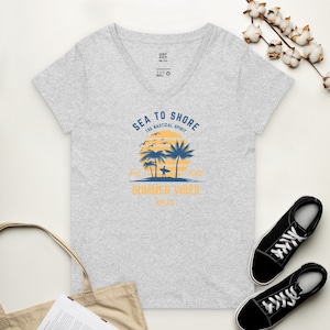 Women’s Sea to Shore Recycled V-neck T-Shirt, Beachy T-Shirt, V-Neck Shirt, Beach Shirt, Boating Shirt, Nautical Shirt, Nautical Gift Idea