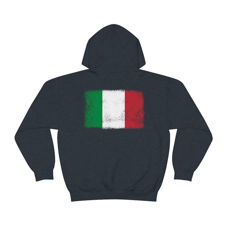 May include: A dark blue hooded sweatshirt with a distressed Italian flag design on the back.