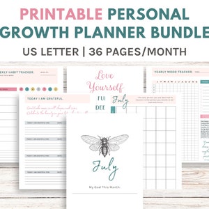 Printable Personal Growth Planner & Workbook Bundle, Self Care Planner, Habit Tracker, Mood Tracker, Gratitude Journal, Instant Download image 1