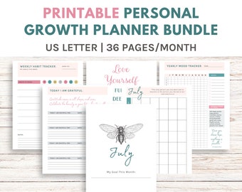 Printable Personal Growth Planner & Workbook Bundle, Self Care Planner, Habit Tracker, Mood Tracker, Gratitude Journal, Instant Download