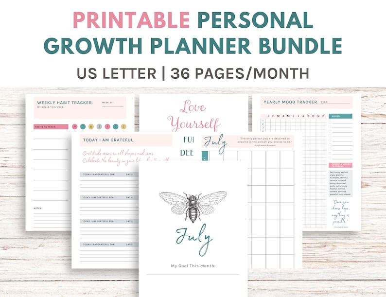 Printable Personal Growth Planner & Workbook Bundle, Self Care Planner, Habit Tracker, Mood Tracker, Gratitude Journal, Instant Download image 1