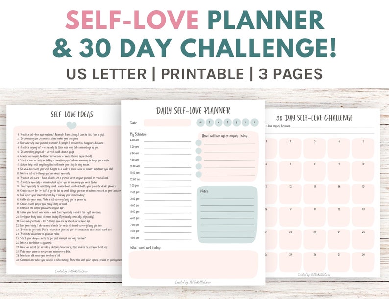 Daily Self Love Planner & 30 Day Challenge, printable planner, instant download image 1