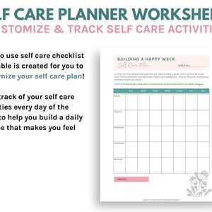 Self Care Planner Printable Worksheets 2 pages, Self Care Worksheets, Mental Health Worksheets, Instant Download image 2