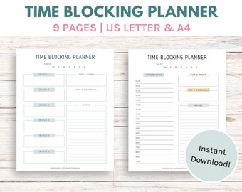 Afdrukbare tijdblokkeringsplanner, dagelijks schema (digitale download)