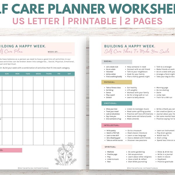 Self Care Planner Printable Worksheets (2 pages), Self Care Worksheets, Mental Health Worksheets, Instant Download