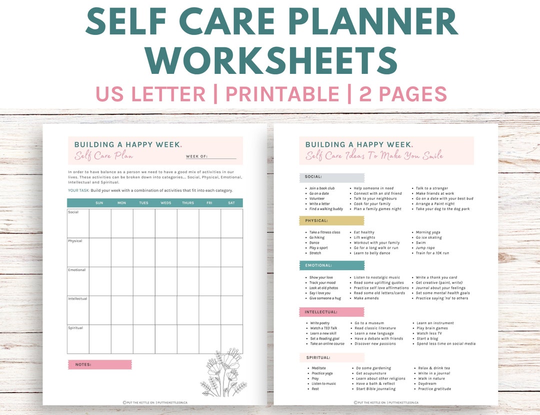 Self Care Planner Printable Worksheets (2 Pages), Self Care Worksheets ...