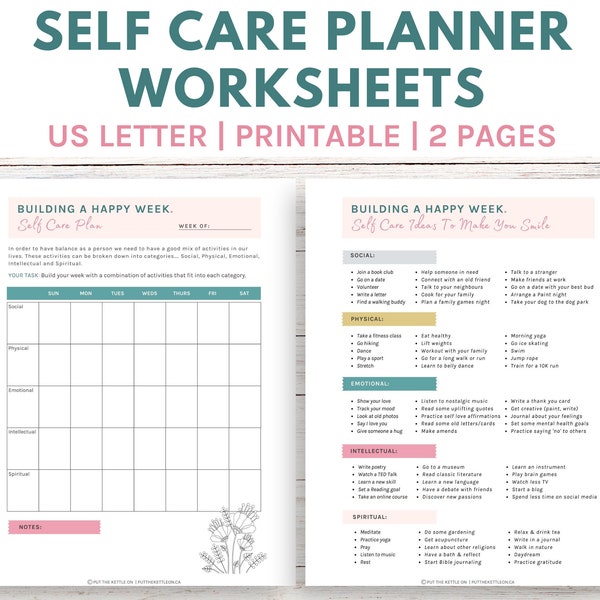 Self Care Planner Printable Worksheets (2 pages), Self Care Worksheets, Mental Health Worksheets, Instant Download