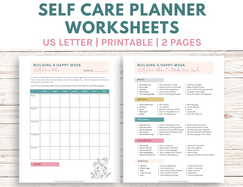 Self Care Planner Printable Worksheets 2 pages, Self Care Worksheets, Mental Health Worksheets, Instant Download image 1