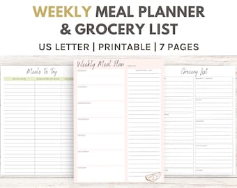 Weekly Meal Planner Printable, Grocery List and Meals To Try, Printable Meal Prep Planner, Instant Download