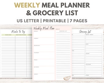 May include: Printable weekly meal planner and grocery list template. The planner includes a section for meals to try, a weekly meal plan, and a grocery list. The template is designed for US Letter size paper and includes 7 pages.