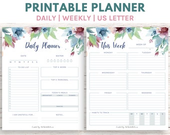 Daily and Weekly Pretty Planner Printable (Floral), Daily Work Planner, Instant Download