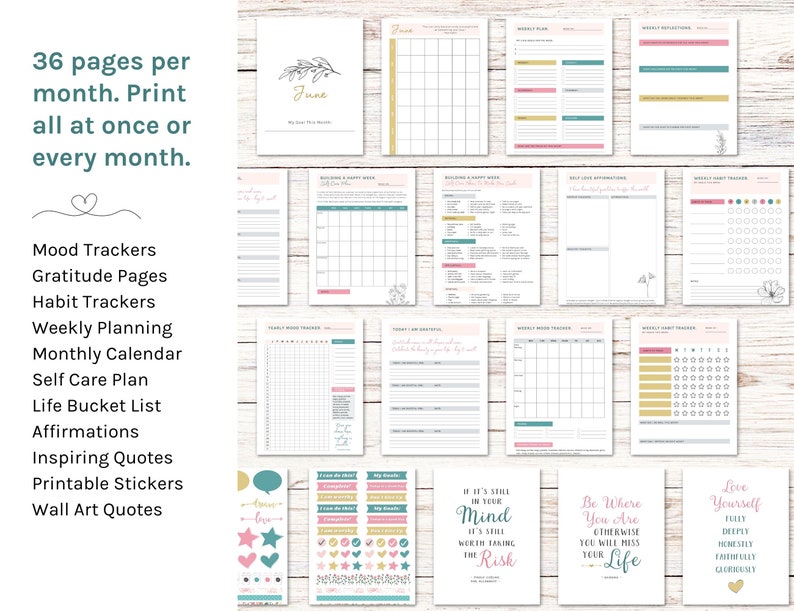 Printable Personal Growth Planner & Workbook Bundle, Self Care Planner, Habit Tracker, Mood Tracker, Gratitude Journal, Instant Download image 5
