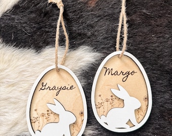 Etiqueta de madera personalizada para cesta de Pascua: etiqueta con nombre de conejito a cuadros