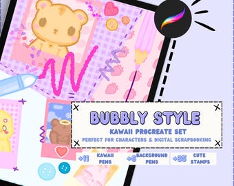 Kawaii Procreate Brushes,  Kawaii Pen Set: Bubbly Scrapbook Pens, Stamps (Digital Download)