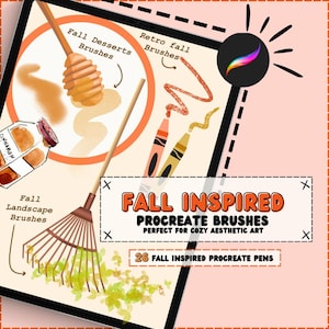 May include: Digital art brushes for Procreate, themed for fall. The image features illustrations of a honey dipper, crayons, a rake, and a jar of cinnamon. Text reads "Fall Inspired Procreate Brushes" and "26 Fall Inspired Procreate Pens."