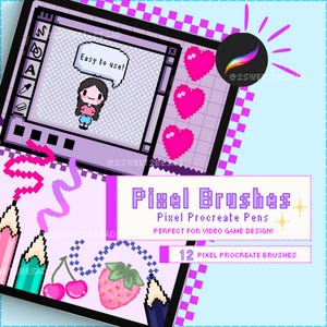 Puede incluir: Un conjunto de 12 pinceles de píxeles para Procreate, perfecto para crear arte de píxeles para videojuegos. Los pinceles se muestran en una interfaz de programa de arte digital con un esquema de color rosa y morado. El texto "Pixel Brushes" y "Pixel Procreate Pens" se muestra en un cuadro rosa. El texto "PERFECT FOR VIDEO GAME DESIGN!" se muestra en un cuadro blanco. El texto "12 PIXEL PROCREATE BRUSHES" se muestra en un cuadro rosa.