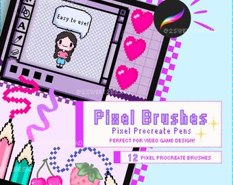 Puede incluir: Un conjunto de 12 pinceles de píxeles para Procreate, perfecto para crear arte de píxeles para videojuegos. Los pinceles se muestran en una interfaz de programa de arte digital con un esquema de color rosa y morado. El texto "Pixel Brushes" y "Pixel Procreate Pens" se muestra en un cuadro rosa. El texto "PERFECT FOR VIDEO GAME DESIGN!" se muestra en un cuadro blanco. El texto "12 PIXEL PROCREATE BRUSHES" se muestra en un cuadro rosa.