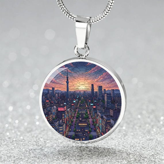 Tokyo Japan Skyline Necklace or Keychain, Stained Glass Style