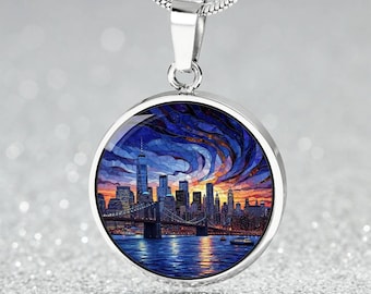 Collar con el horizonte de Nueva York, Puente de Brooklyn, estilo vitral, regalo de la Gran Manzana, recuerdo personalizado de Nueva York, recuerdo de viaje navideño