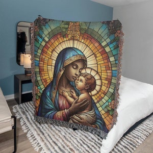Virgin Mary and Baby Jesus Stained Glass Style Woven Throw Blanket, Antique Catholic Art Woven Tapestry, Religious Blanket, Spiritual Decor