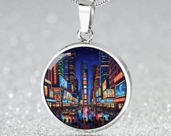 Broadway Theater District Necklace or Keychain – Stained-Glass NYC Jewelry, Personalized New York City Souvenir, NYC Holiday Travel Keepsa