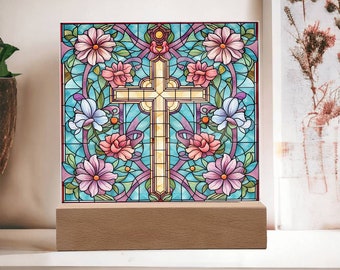 Buntglas Kreuz Plakette | Christlicher Merch, religiöses Geschenk, Komfort Geschenk, Weihnachtsgeschenk für Oma, Geschenk für Mitarbeiter