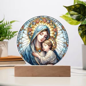 Mary and Baby Jesus Stained Glass Plaque, Orthodox Christian Gift, Night Light, Stain Glass Jesus Lamp, Holiday Decor, Housewarming Gift