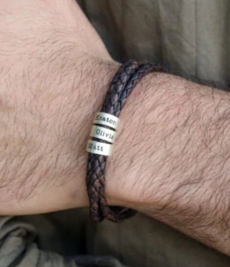 Personalized Leather Bracelet For Men/Women - Engraved Family Name Beads, Adjustable, Gift For Dad, Husband, Grandpa