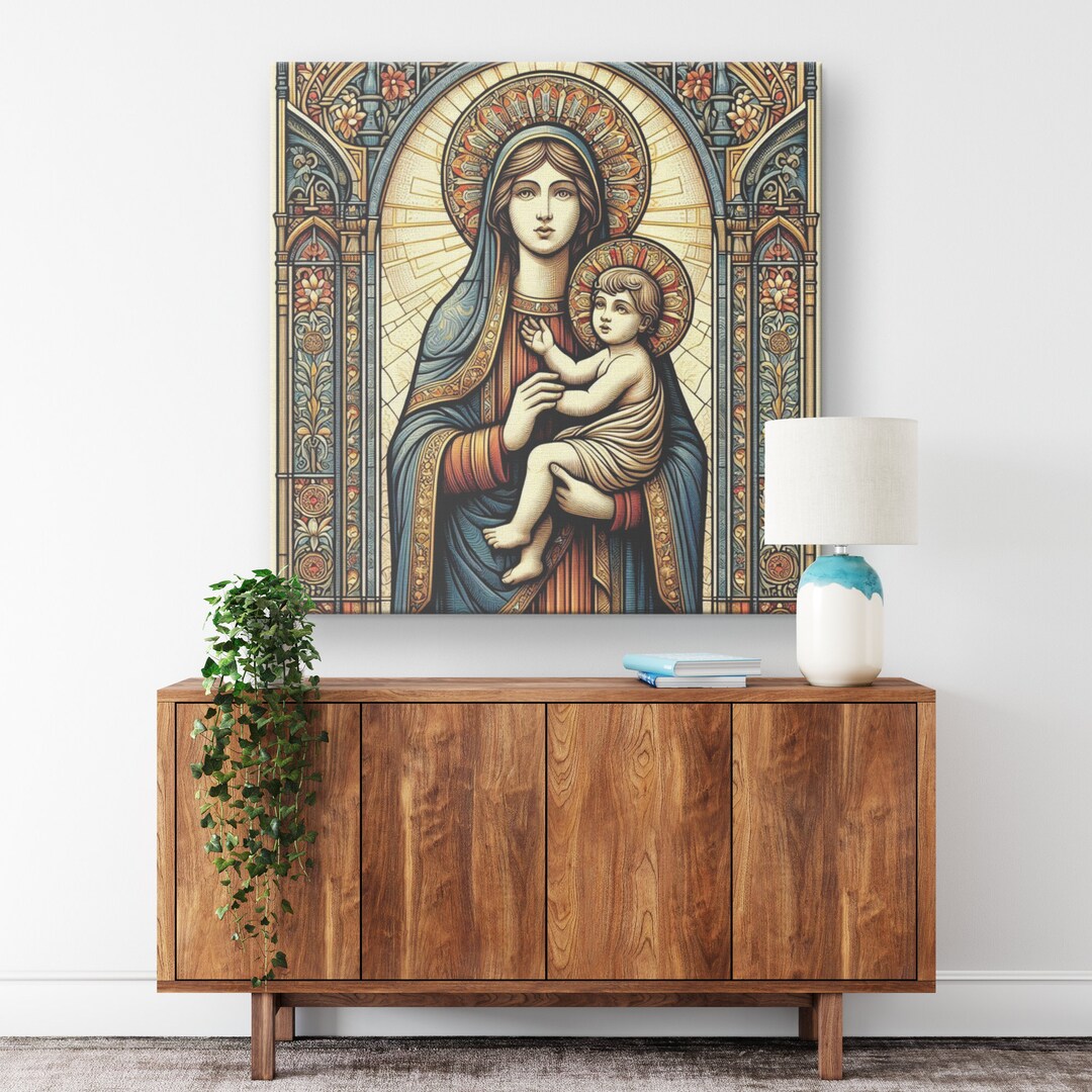 Virgin Mary Baby Jesus Canvas, Religious Home Decor, Stained Glass ...
