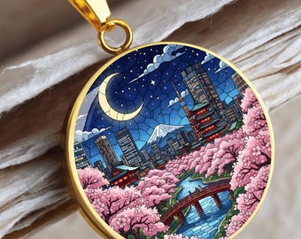 Tokyo Japan Necklace or Keychain, Stained Glass Style, Cherry