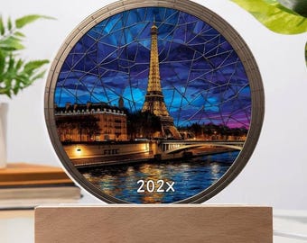 Paris Eiffel Tower NightLight, Stained Glass Style Ornament, France Christmas Tree Gift, European Travel Keepsake, Night City Skyline Decor