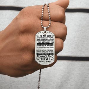 Custom Engraved Dog Tag Necklace, Gift for Son from Dad Mom, Unique Military Graduation Present, Sentimental Birthday Gift for Son Chain
