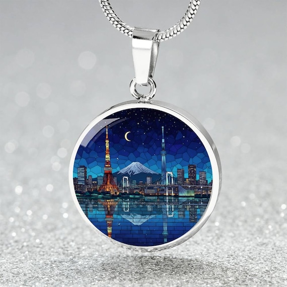 Tokyo Japan Skyline Necklace or Keychain, Stained Glass Style