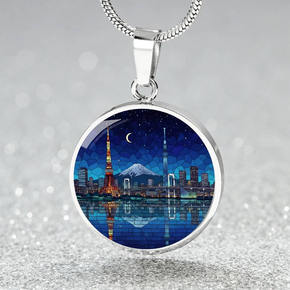 Tokyo Japan Skyline Necklace or Keychain, Stained Glass Style