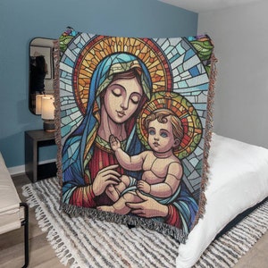 Virgin Mary and Baby Jesus Stained Glass Style Woven Throw Blanket, Antique Catholic Art Woven Tapestry, Religious Blanket, Spiritual Decor