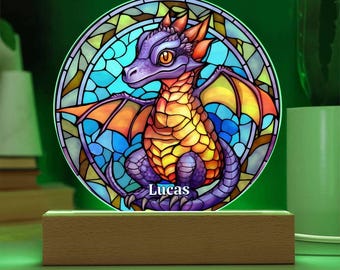 Drache Glasmalerei-Nachtlicht, personalisiertes Geschenk, Geschenk für ihn, Glasmalerei, Drache-Sonnenfänger, mythische Kreatur, Buch-Liebhaber-Geschenk