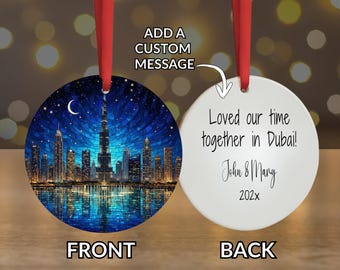 Dubai Burj Khalifa Ornament or LED Plaque – Stained Glass Style Night Skyline Art – Personalized Travel Keepsake Gift for Dubai Lovers