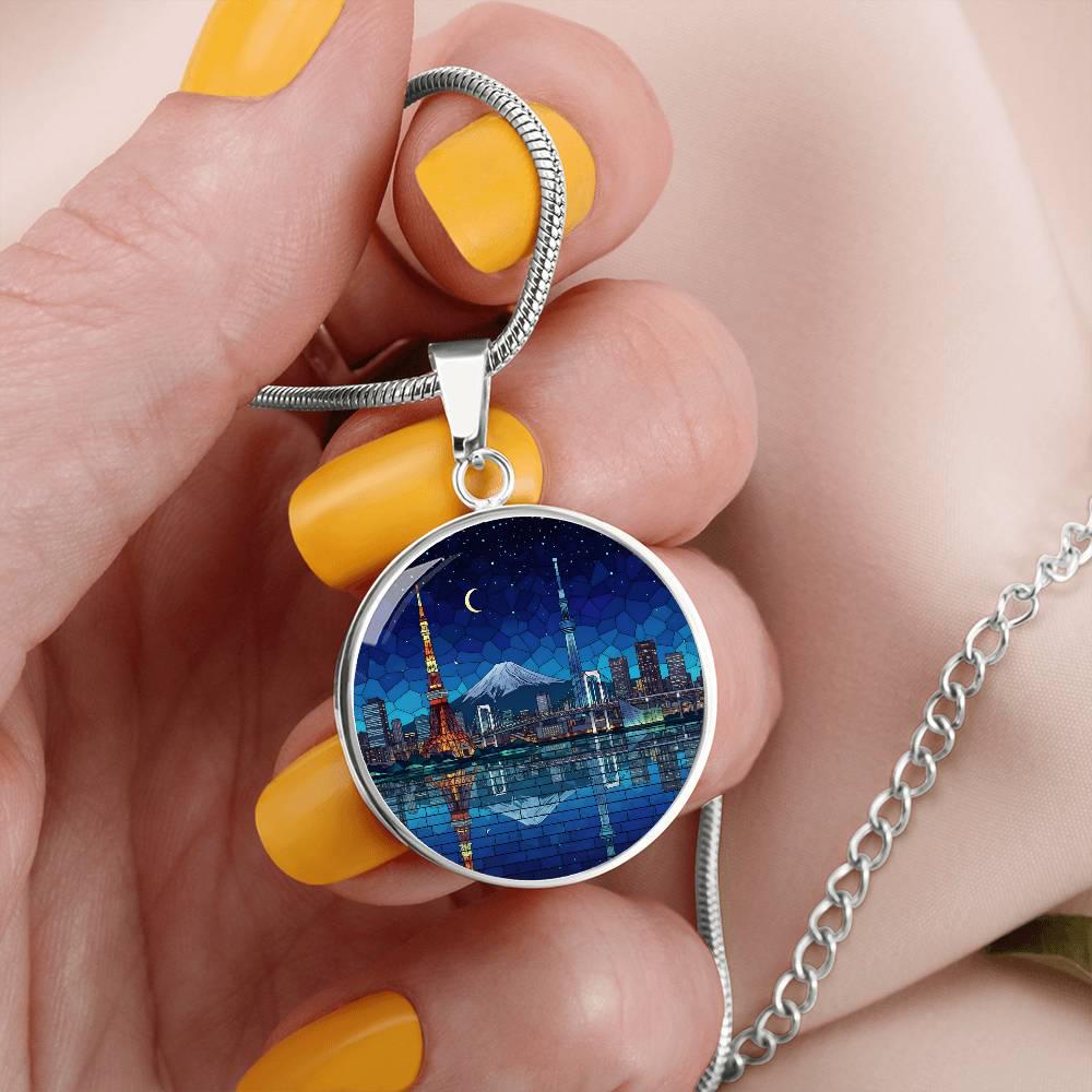 Tokyo Japan Skyline Necklace or Keychain, Stained Glass Style