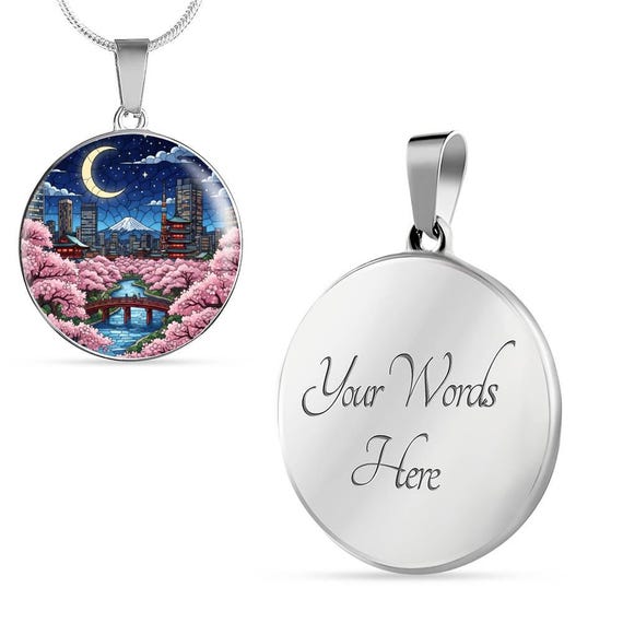 Tokyo Japan Necklace or Keychain, Stained Glass Style, Cherry